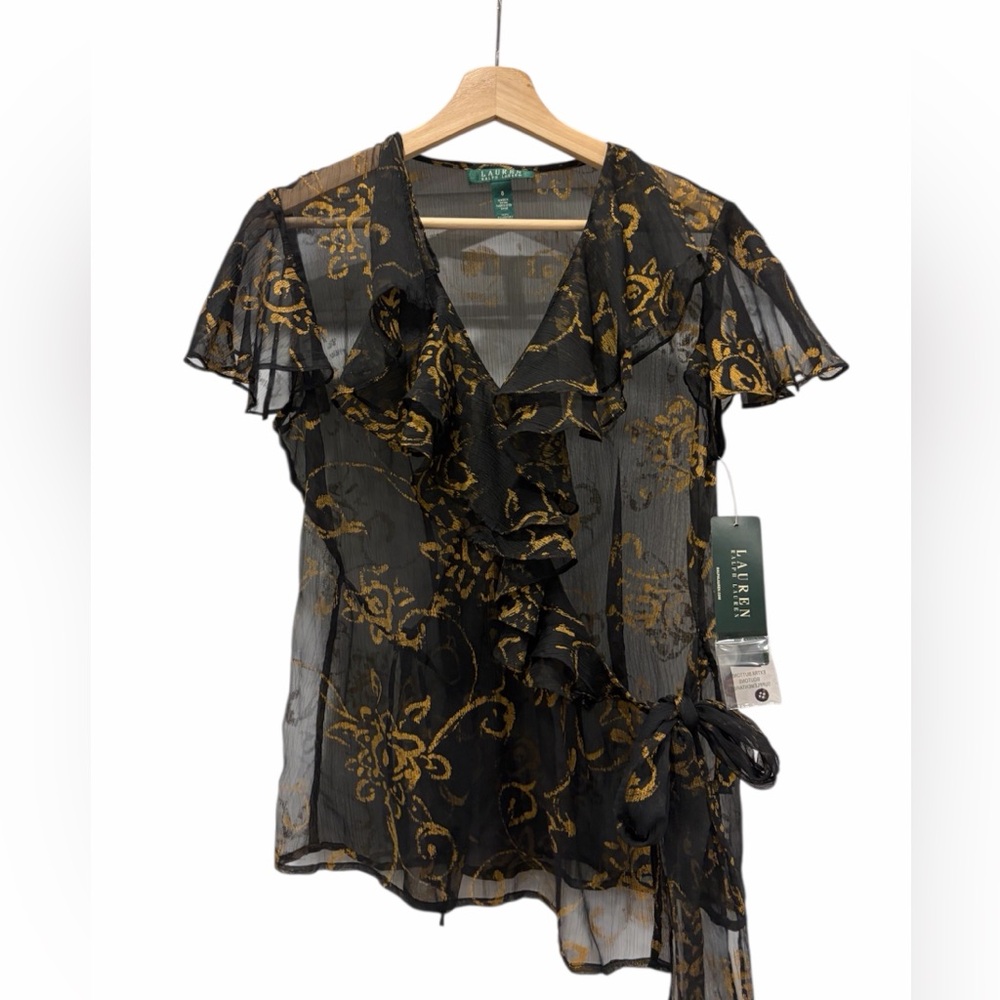 Lauren Ralph Lauren Black Sheer Ruffle Wrap Blouse with Gold Floral Print